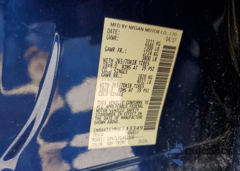 2017 Nissan Titan S z USA, uszkodzony, nr VIN 1N6AA1EJ9HN543349